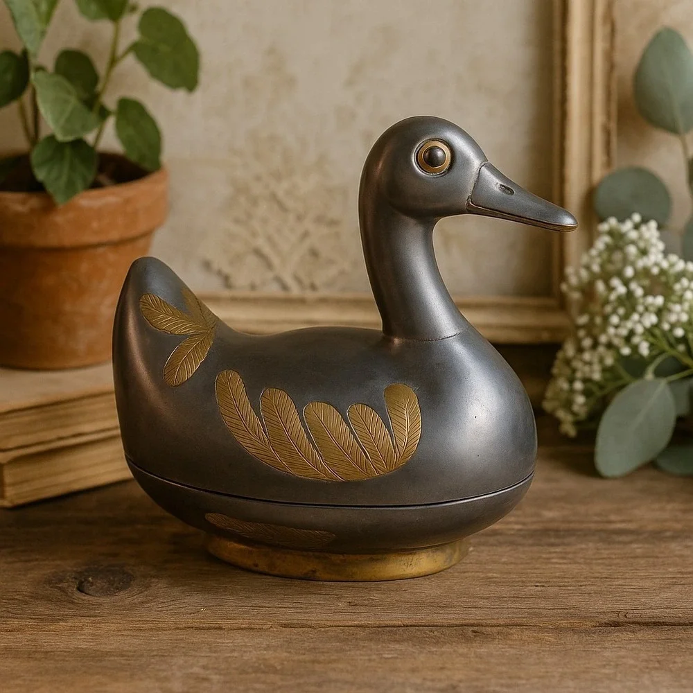 Vintage Pewter & Brass Duck Trinket Box • Lidded Metal Bird Sculpture • Boho